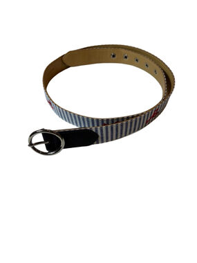 Talbots Blue White Striped Lobster Cotton Leather Trim Belt Size L